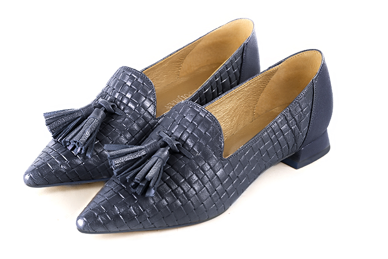 Navy blue women's loafers with pompons. Pointed toe. Flat flare heels - Florence KOOIJMAN